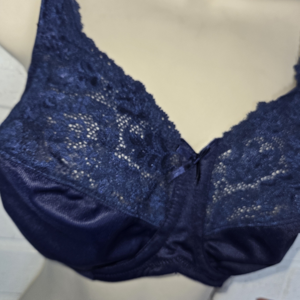 2002 Lilyette brand underwire bra.  Lilyette Navy Blue Lace Bra - Picture 2 of 4